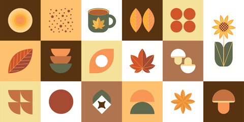 Autumn geometric mosaic background pattern. Modern figure, shape and autumn elements. Scandinavian. Minimalistic elements for design, contemporary natural organic harvest.