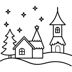 Obraz premium Winter Village Church Scene Line Art Illustration. 