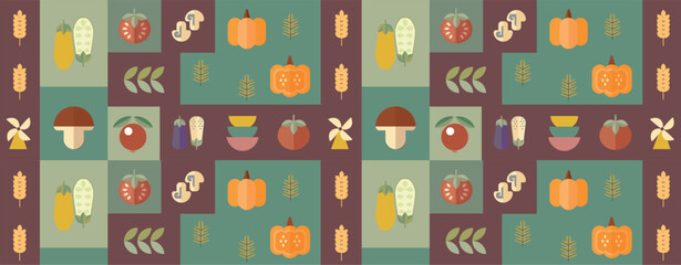 Autumn geometric mosaic background pattern. Modern figure, shape and autumn elements. Scandinavian. Minimalistic elements for design, contemporary natural organic harvest.