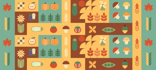 Autumn geometric mosaic background pattern. Modern figure, shape and autumn elements. Scandinavian. Minimalistic elements for design, contemporary natural organic harvest.