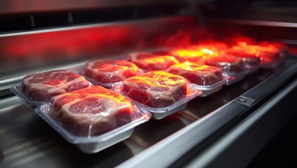 Freshly Packaged Beef Steaks in Plastic Wrap on Display Under Warm Lighting in a Modern Refrigerator Case
