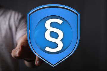 Secure your data with strong legal protection.  Digital shield icon.