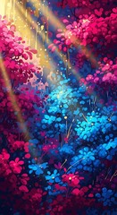 Fototapeta premium Enchanted Floral Canopy with Radiant Light Streaks and Blossoming Hues