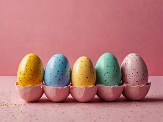 Colorful easter eggs on a pink background. Created using generative AI tools
