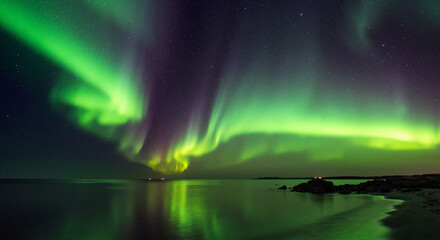 Northern lights illuminating the night sky over calm water  