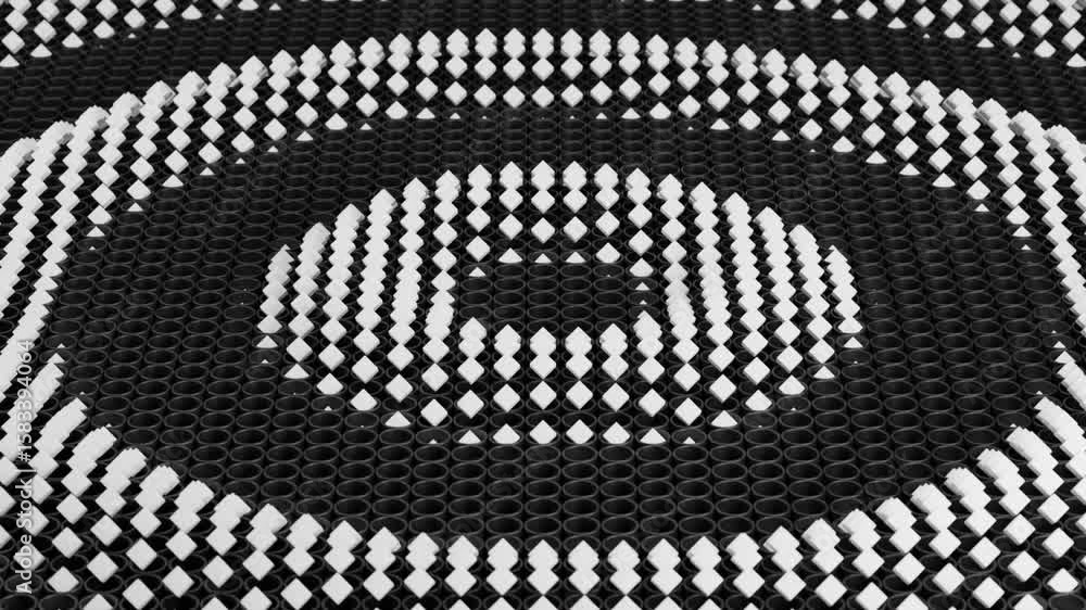Poster white cubes rising from black surface in concentric wave patterns