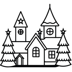 Winter Village Church Scene Line Art Illustration. 