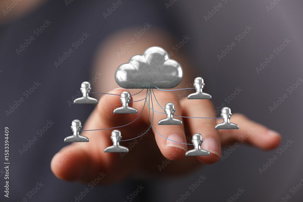 Poster image depicts a hand interacting with a digital cloud network, symbolizing secure data sharing and c