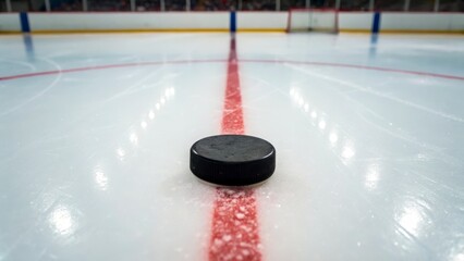 Close Up of Hockey Puck on Ice Rink Center Line Ready for Game Play in Indoor Arena