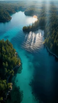 Aerial View of Forested Lake Peninsula at Sunrise with Blue Reflections
