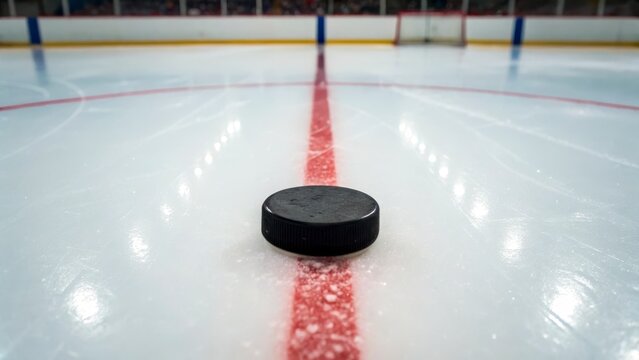 Close Up of Hockey Puck on Ice Rink Center Line Ready for Game Play in Indoor Arena