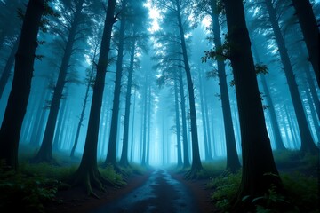 Ethereal blue-hued forest path.  Tall trees shrouded in mist create a mystical, atmospheric scene. Perfect for fantasy or nature themes.