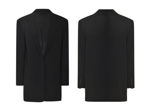 Elegant black trench coat winter jacket, front and back view, blazer jacket mockup, transparent background, clipping path