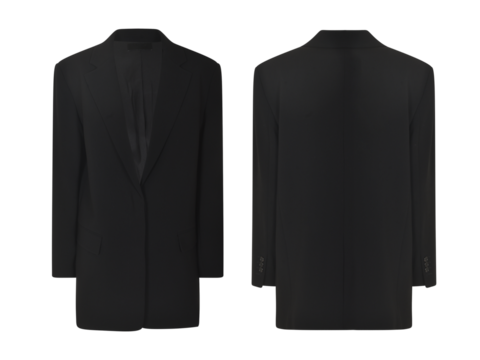 Elegant black trench coat winter jacket, front and back view, blazer jacket mockup, transparent background, clipping path