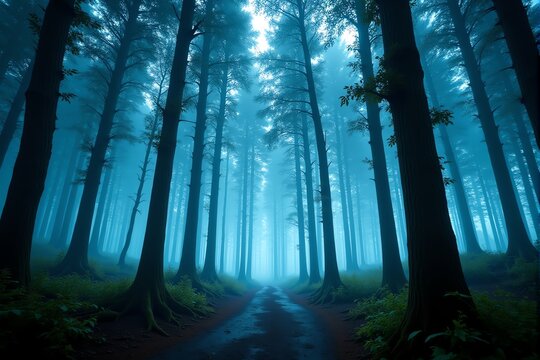 Ethereal blue-hued forest path.  Tall trees shrouded in mist create a mystical, atmospheric scene. Perfect for fantasy or nature themes. - Powered by Adobe