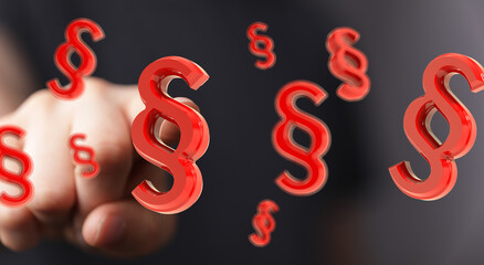 Abstract image of a hand interacting with red 3D paragraph symbols, perfect for legal or law related concepts.