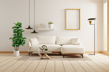 Minimalist bright living room with white sofa and wooden decor- 3D rendering