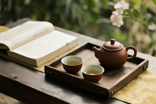cup of tea and teapot still life Zen Chinese Asian nature style poetry tea product packaging shooting background prototype scene wallpaper