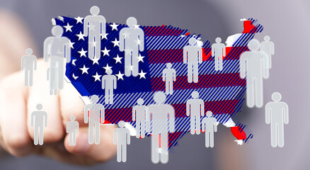 Stock photo showing a map of the USA with icons representing its population.