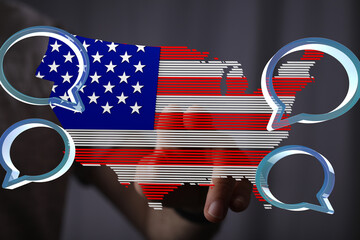 Digital communication and its impact on US politics.  Image depicts an American flag map with chat...