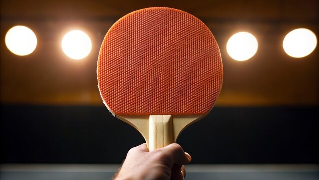 Hand Holding Red Ping Pong Racket Under Bright Stage Lights in Indoor Sports Venue