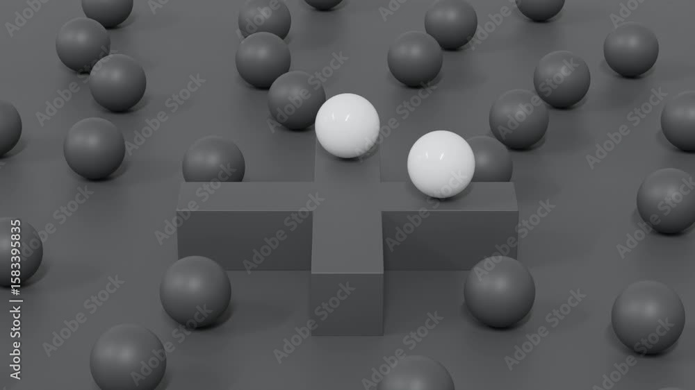 Poster minimalist 3d animation featuring two smooth white spheres on a charcoal gray background. ideal for 