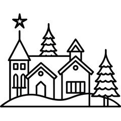 Winter Village Church Scene Line Art Illustration. 