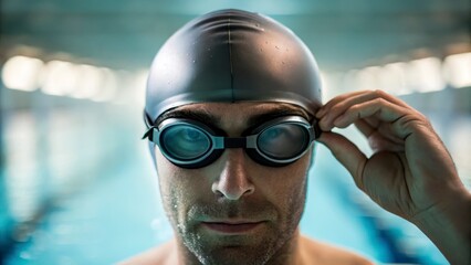 Male Swimmer Adjusting Goggles Before Training in Indoor Swimming Pool with Soft Lighting