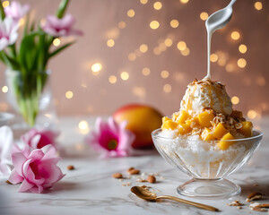Creative food template. Mango fruit bingsu with shaved ice, roasted almonds, and thick condensed milk poured over scoops of vanilla ice cream, flowers plant bokeh sparkles background. copy text space.
