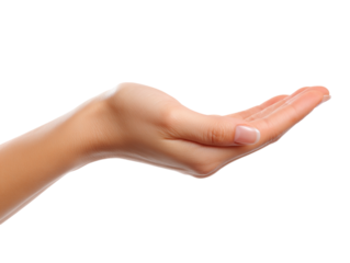 A woman's delicate hand, palm upward, extends in a gesture of offering, receiving, or support, conveying openness, care, and invitation.