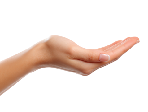 A woman's delicate hand, palm upward, extends in a gesture of offering, receiving, or support, conveying openness, care, and invitation.