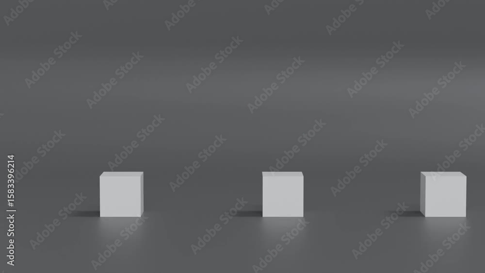 Poster dynamic 3d animation featuring white cubes against a deep charcoal background. a clean and modern vi