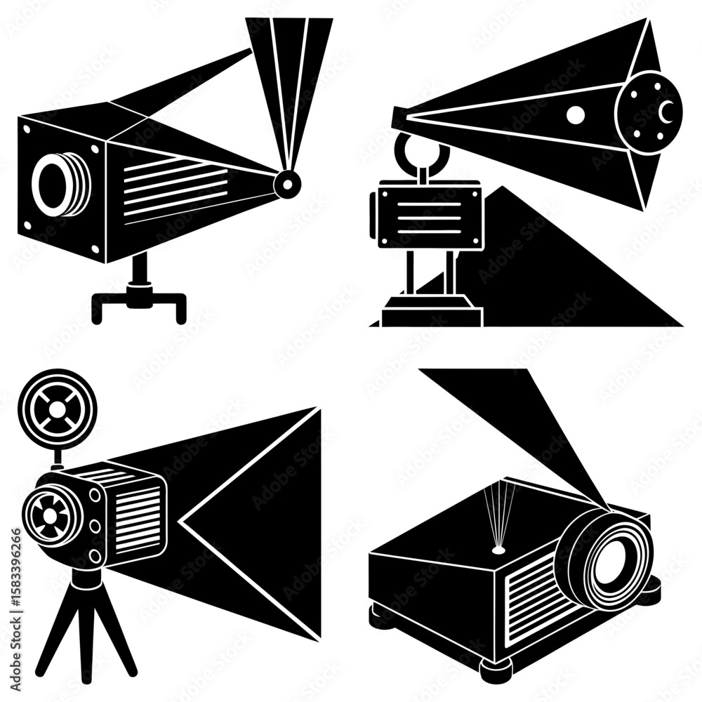 Poster illustration showing four different black and white projectors with light beams in a square arrangem