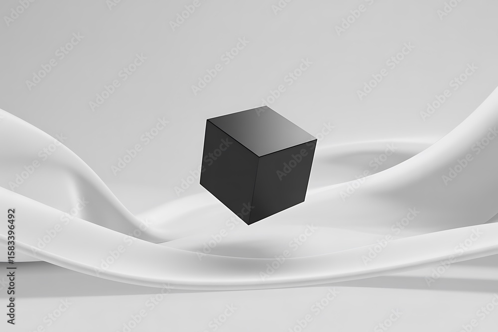 Poster black cube floating above white draped fabric soft light minimalist 3 d render abstract background d
