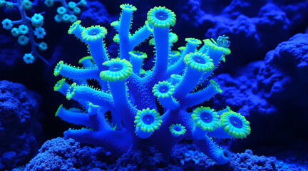 UV blacklight of branching coral with vibrant blue and green colors glowing underwater in dark ocean environment