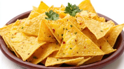 Fototapeta premium Crispy Tortilla Chips with Fresh Herbs on a Wooden Plate
