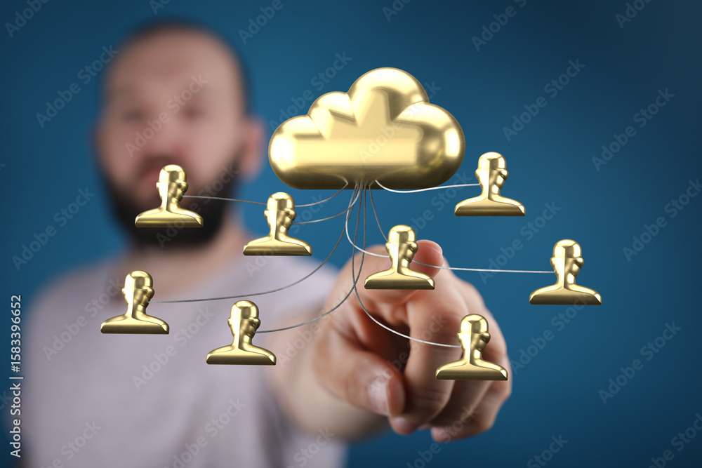 Poster high-quality image depicting a cloud computing network, showcasing secure data sharing and teamwork.
