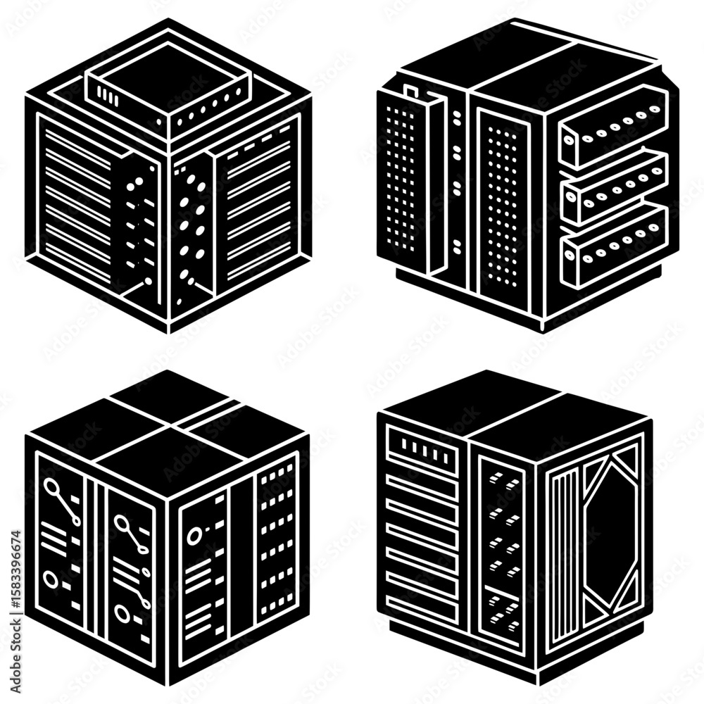 Poster isometric view of four black and white server cubes with various designs and details on each side sh