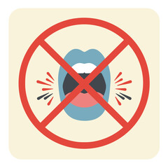 No shouting. Flat vector sign with crossed out mouth  on transparent background.