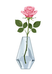 Pink rose in a crystal vase. Flat vector illustration, isolated on a transparent background.