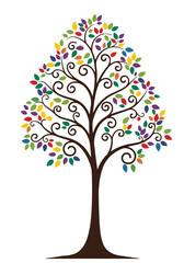 Tree of diversity with bright leaves and intricate pattern. Flat vector isolated on transparent background.