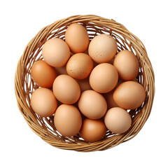 Several chicken eggs in a woven basket top view isolated on transparent background