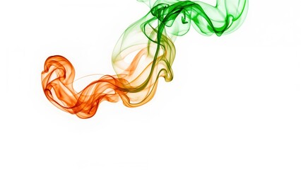 Fototapeta premium Colorful smoke waves in orange and green shades against a clean white background creating an abstract visual effect