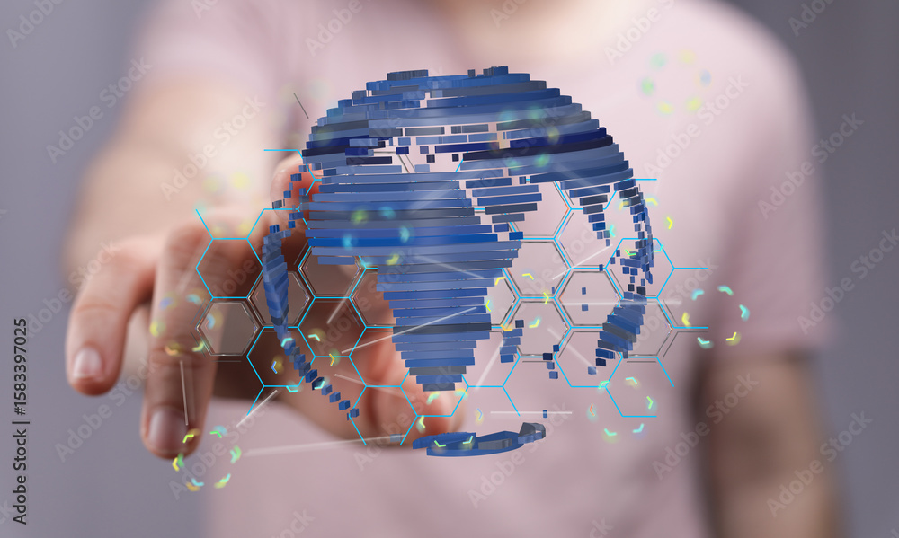 Poster abstract image of a person interacting with a digital globe, representing global connectivity and te