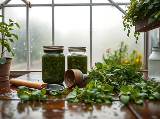 Homemade Pesto Jars: Two jars of vibrant green pesto sit on a dark wooden table beside fresh herbs and tools, creating a scene of homemade goodness and rustic charm in a sunroom setting. 