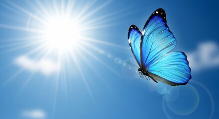A vibrant blue butterfly soars through a bright, sunny sky.