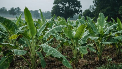 Obraz premium Tender banana crops thriving with droplets of dew in a countryside setting