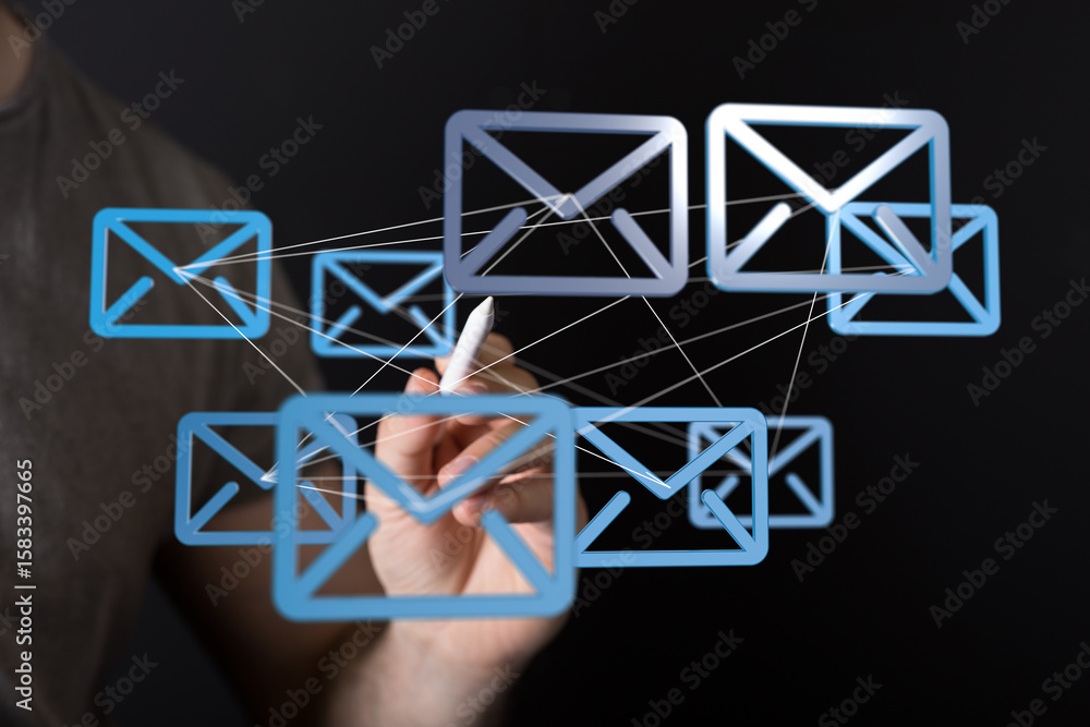 Poster image of a hand connecting email icons, symbolizing global communication and networking.