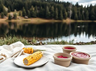 Lakeside Picnic Feast: A serene lakeshore scene unfolds, with a beautifully arranged picnic set against the backdrop of a tranquil lake and lush forest.