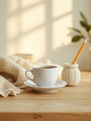 A serene morning moment, enjoying a warm beverage with a knitted scarf and a pencil nearby